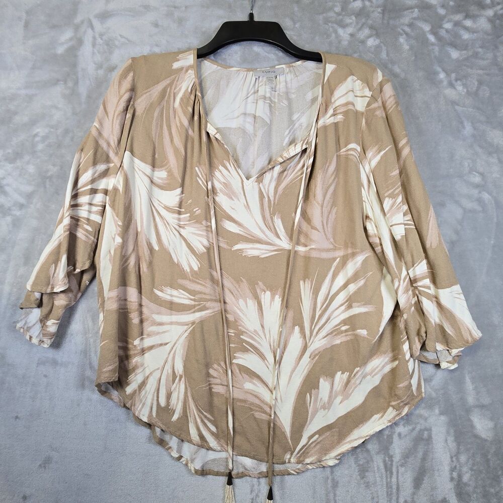 Cupio Womens Blouse XL Tassels Asymmetrical Flutter Sleeves Brown Cream Floral